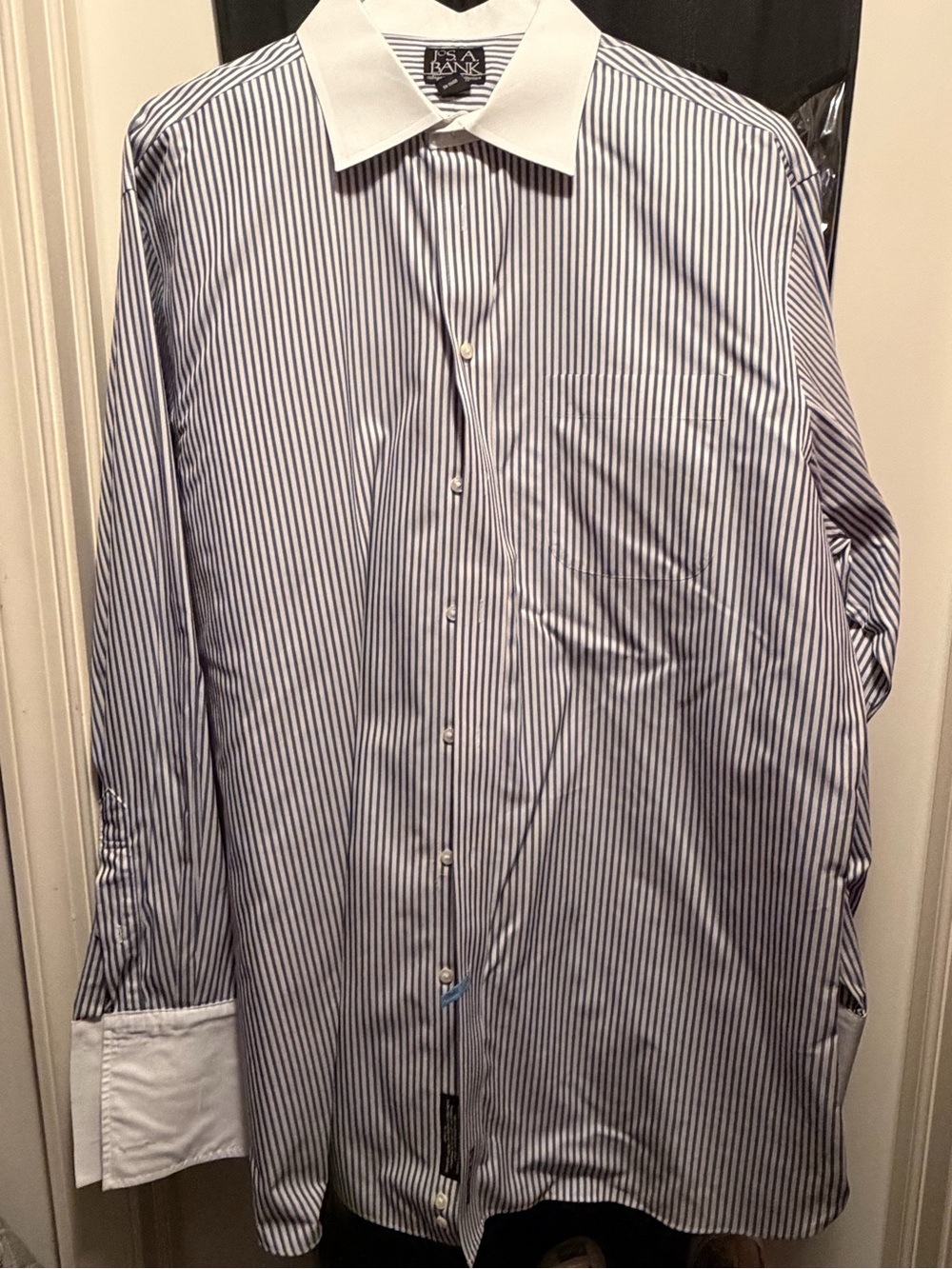 Jos. A. Bank Men’s Blue and White Stripe Dress Shirt with White Contrast Collar